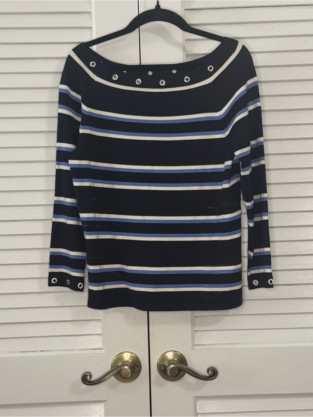 Carlisle Navy and Cream Striped Knit Top with Eyelet Detail